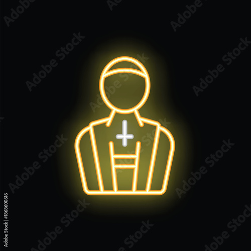 Neon sign illuminating a priest wearing a cassock with a cross