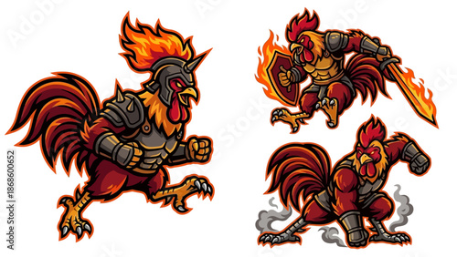 Fierce Warrior Rooster Mascot Collection with Armor and Weapons on White Background
