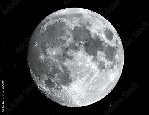 A close-up view of the moon with craters, shadows, and varying shades of gray against the dark