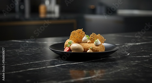 Wallpaper Mural Close-up shot of assorted food on a black plate atop a dark marble countertop with blurred kitchen background. Torontodigital.ca