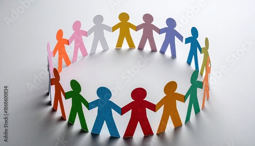 A circular arrangement of colorful paper cut-out figures holding hands