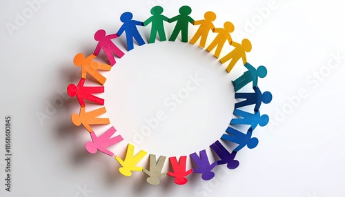 Colorful paper cutout figures holding hands forming a circular shape on a white surface