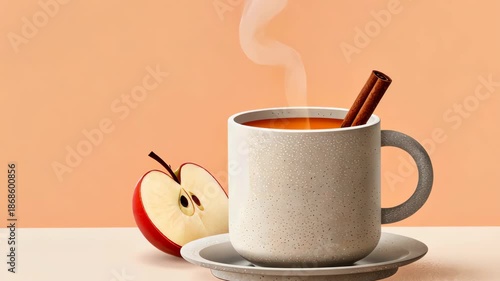 Steaming apple cider in cozy mug with sliced apple on neutral background