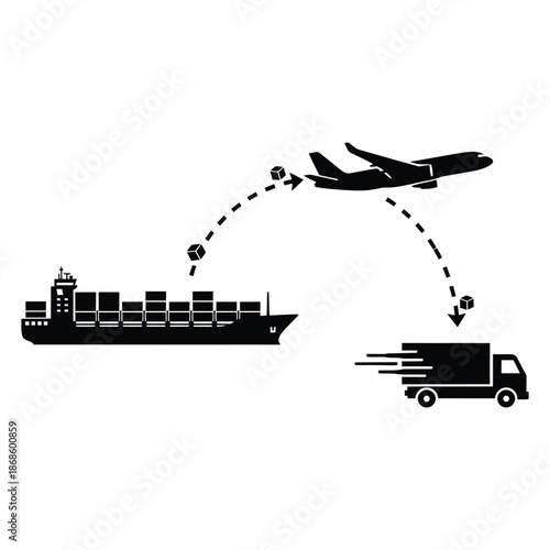Cargo ship airplane and truck transporting boxes with dashed lines vector