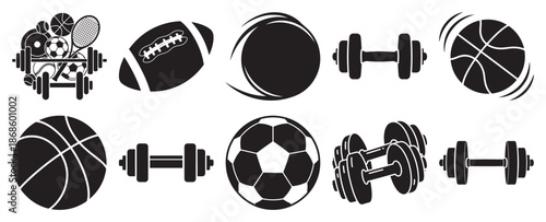 Silhouette sport fitness icon vector set with ball dumbbell exercise and gym symbols