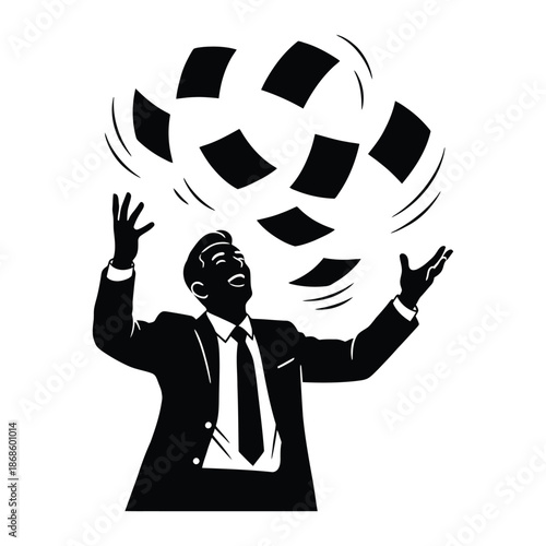 Man in suit throwing papers in the air with joy flying