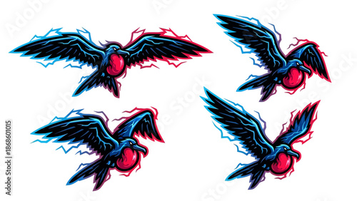 Set of four raven esport mascot logos with electric lightning wings and glowing core on white background