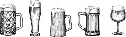 Beer glass vintage engraving collection, hand drawn black and white vector illustration set of beer mugs pints isolated background