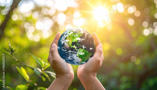 Two hands cradle a depiction of Earth with lush foliage and a bright sun in the background