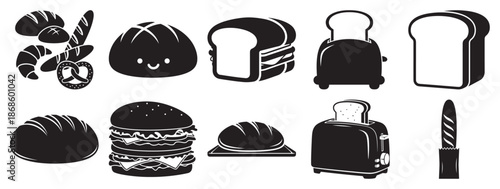 Silhouette bread food icon vector set with bakery toast kitchen and cooking symbols
