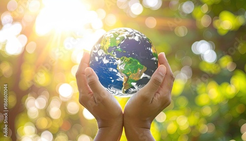 Two hands cradle a miniature Earth globe against a sun-dappled backdrop
