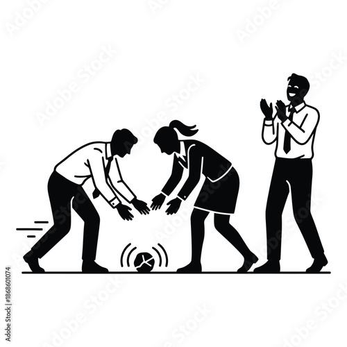 Business people reaching for a pie chart with one person clapping teamwork collaboration