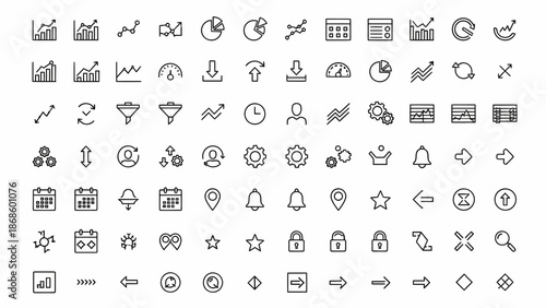Clean line vector icon set for modern UI/UX design, web, and mobile apps, including elements for data, business, settings, and navigation interfaces