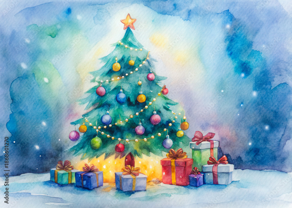 Obraz premium watercolor christmas tree with presents and gifts
