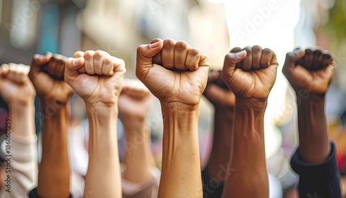 Close-up of diverse hands raised in clenched fists, conveying unity and protest