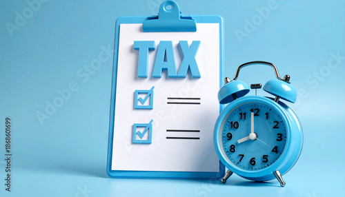 Blue alarm clock and clipboard with tax checklist. Urgent deadline for filing taxes. Time to prepare financial documents and pay bills. Important tax season concept