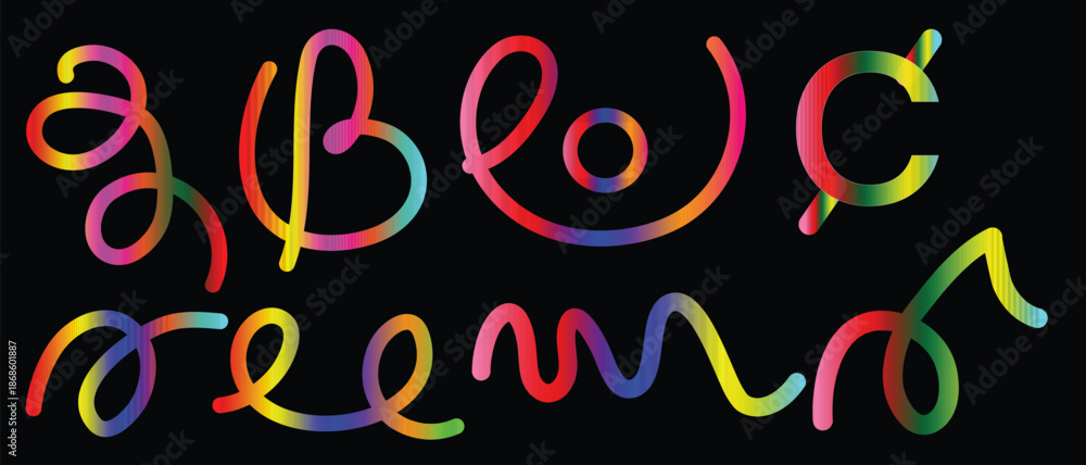 Obraz premium Colorful abstract cursive letters and shapes on black background alphabet