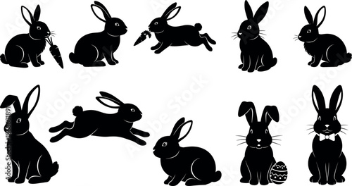 Collection of black rabbit silhouettes in various poses on white background
