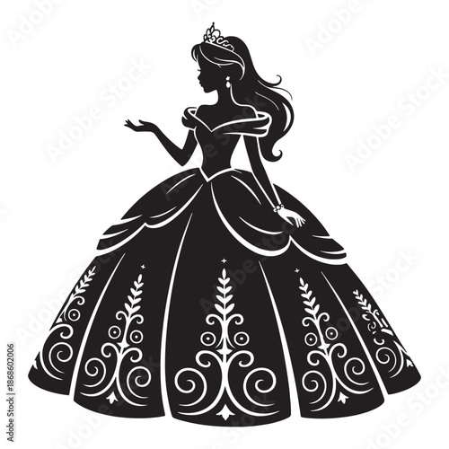 Elegant princess silhouette illustration in a beautiful ball gown with a tiara