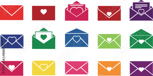 Colorful envelope icons with hearts on white background
