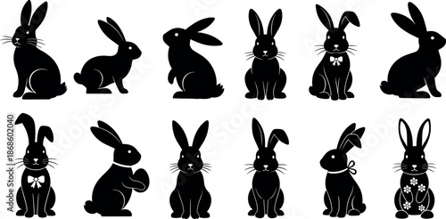 Collection of various rabbit silhouettes on white background