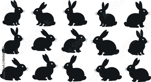 Collection of black rabbit silhouettes on white background