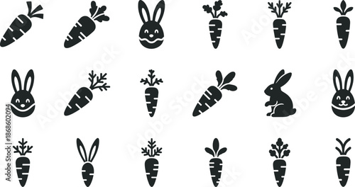 Black silhouettes of rabbits and carrots on white background