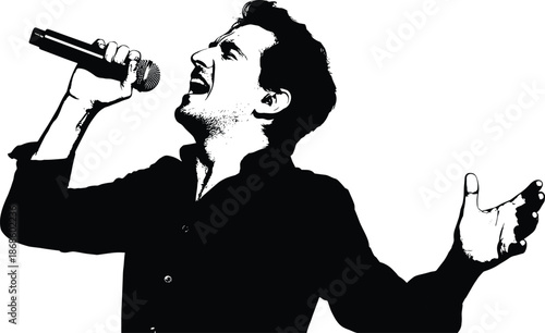 Male singer silhouette holding microphone performing passionately isolated on white background, live music concert vocal performance illustration