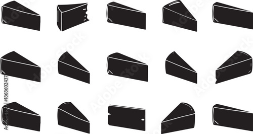 Assortment of Cheese Wedge Silhouettes in Various Angles and Styles on White Background food dairy