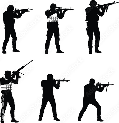 Military soldier silhouette set, black vector illustration of armed army troops aiming rifles isolated on white background design collection artwork