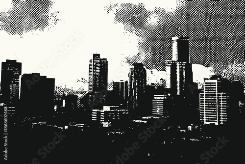 City skyline in vintage engraving style vector illustration. Retro city buildings on empty street in retro woodcut. Sketch hand-drawn city. Eps 10