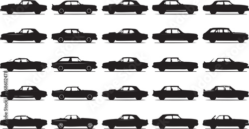 Assortment of classic car silhouettes in profile view against a white background automobile vintage