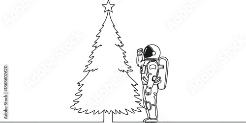Astronaut standing beside christmas tree with star on top in simple line art illustration