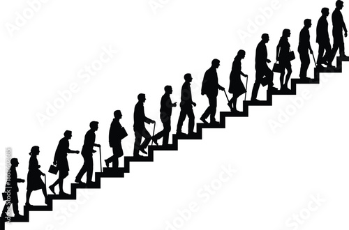 People silhouette climbing stairs representing career progression, teamwork, ambition, success path, professional growth, motivation, business development, achievement journey illustration