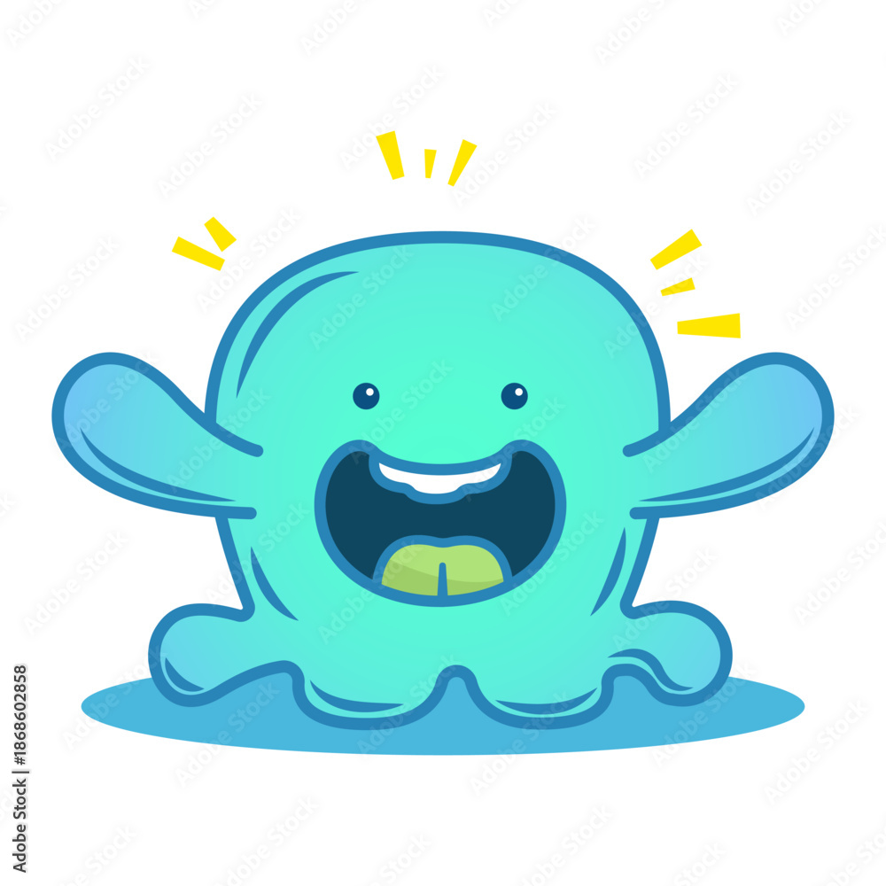 Fototapeta premium Cute Blue Slime Monster Cartoon Vector Illustration, Happy Little Creature Mascot