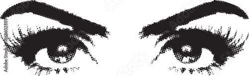 Striking black and white illustration depicting a pair of dramatically stylized female eyes with long eyelashes looking forward