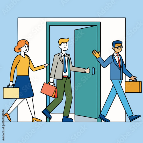 People leave office. Employee open door, man woman going home from work. Flat managers leaving job, person go to exit utter concept