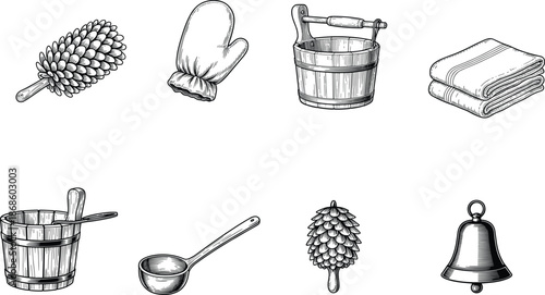 Sauna accessories vintage engraving collection, black and white hand drawn vector illustration set of traditional spa equipment isolated