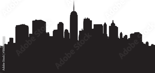 Black silhouette of a city skyline with numerous buildings of varying heights on a white background