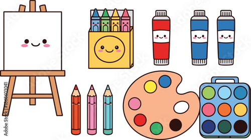 Cute art supplies set with easel crayons paint tubes palette watercolor cartoon vector illustration