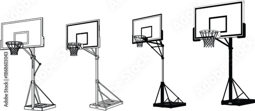 Portable basketball hoops illustration set showing adjustable outdoor sports equipment, training practice, recreation, fitness, athletic gear, court accessories, silhouette design