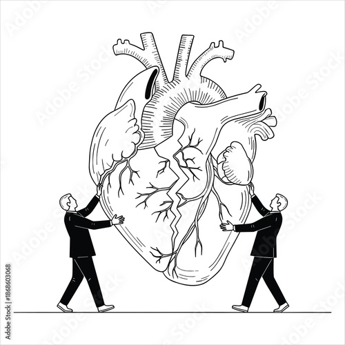 Two human figures in suits walk away from each other while holding the heart