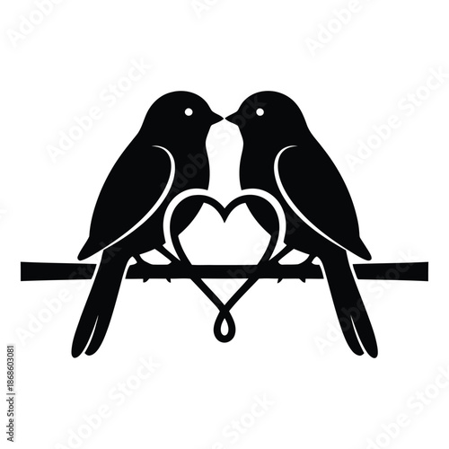Two black birds facing each other on a branch with a heart symbol love romance