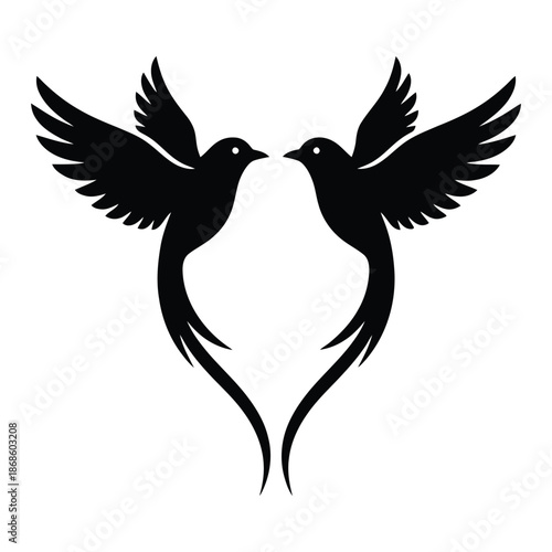 Two black birds facing each other with wings spread forming a heart shape white silhouette