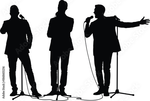 Singer silhouettes performing with microphone and stand isolated on white background, live music concert performance illustration concept