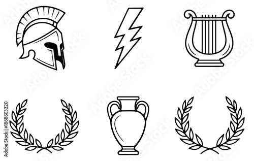 Line art ancient greek symbols set featuring a spartan helmet, lightning bolt, lyre, laurel wreaths, and an amphora for historical and mythical themes