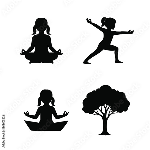 Black silhouette collection featuring a girl in various yoga and meditation poses next to a leafy tree symbol