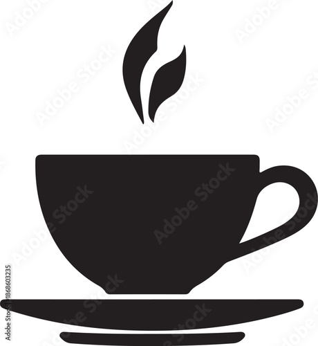 Black silhouette of a steaming coffee cup and saucer with a simple design drink