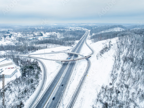 St. Albans Interchange with Flyover Ramps on Interstate 64 - Snowy Winter Landscape - West Virginia
