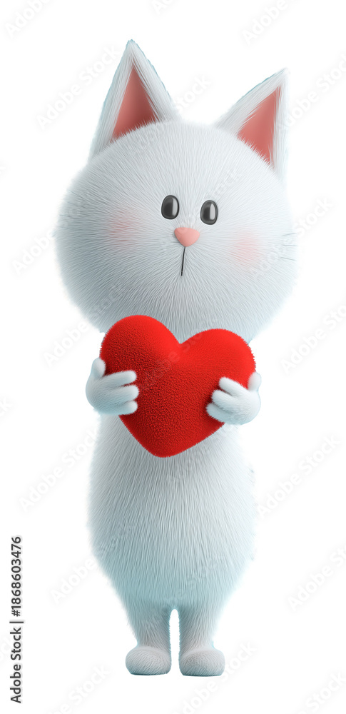 Obraz premium Cute white cat holds red heart on white background